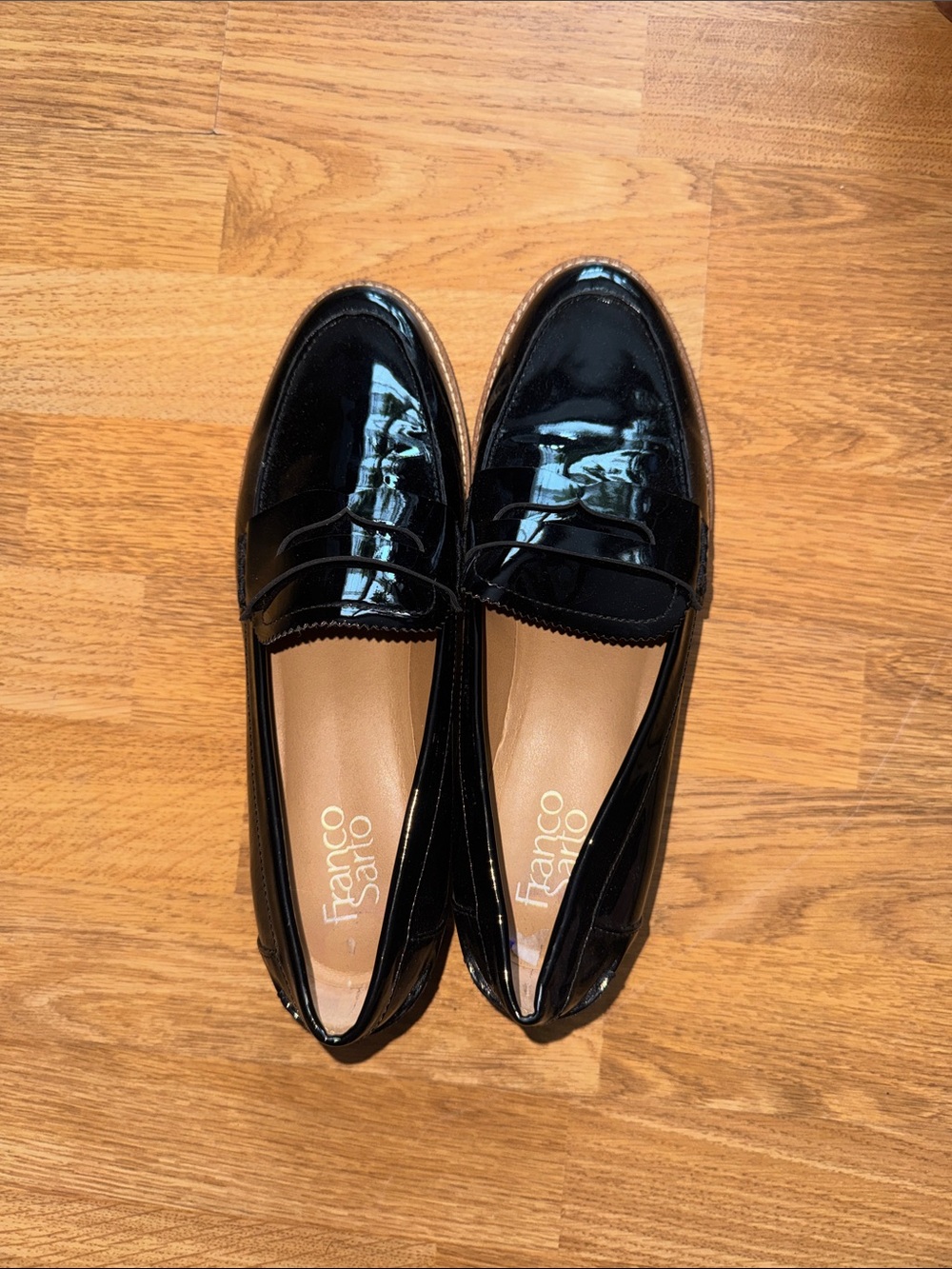 Franco Sarto glossy black patent loafers